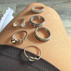 Silver-Tone Mixed Ring Set - 6 Piece Women's Accessory